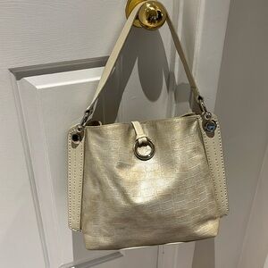 Beige/Silver Canvas Shoulder Bag with Leather looking Trim.
